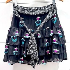 100% silk skirt by Express x Celia Birtwell layered side zip flare black size 2